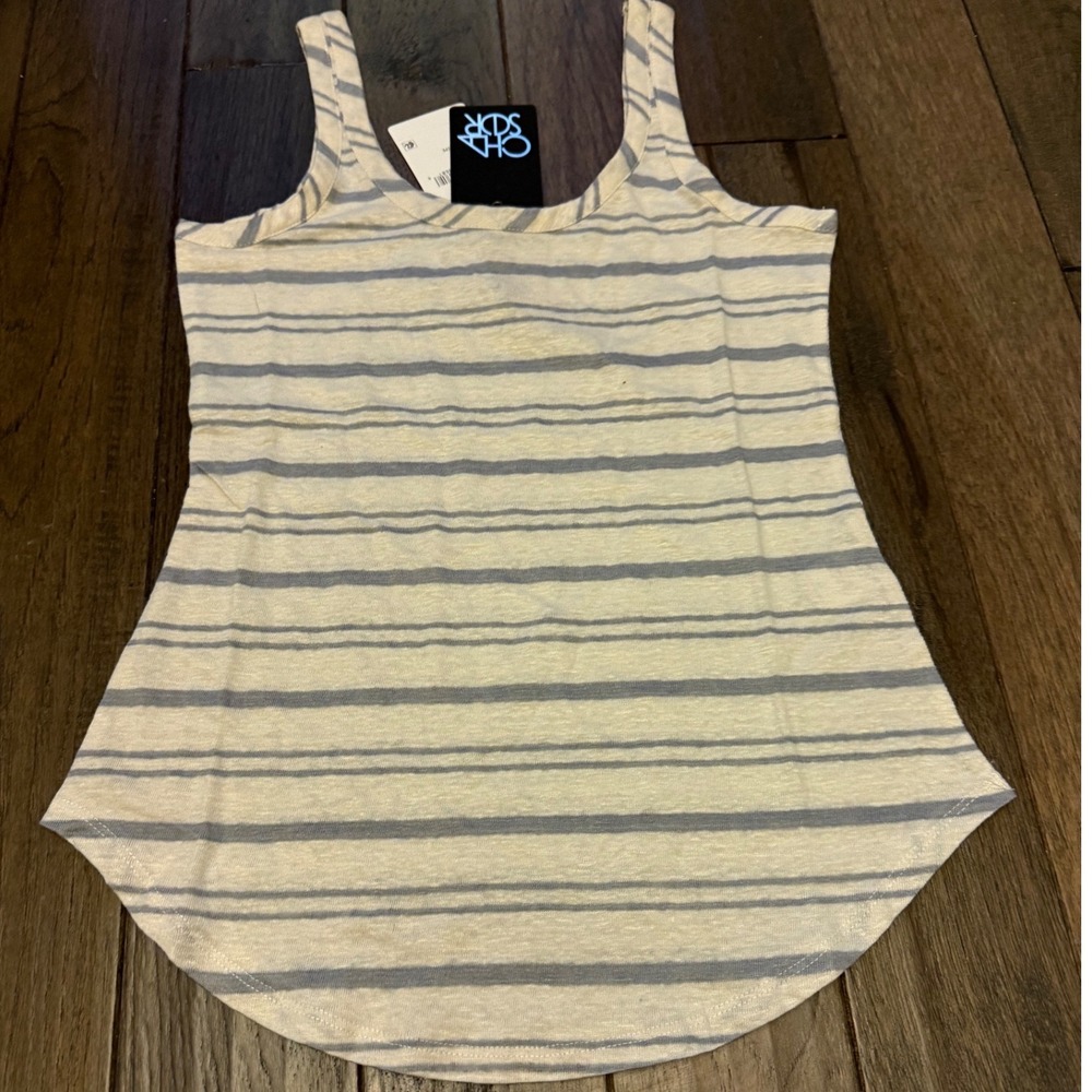 Chaser Striped Tank Top Womens Small Cream Blue Scoop Neck Curved Hem CW7693